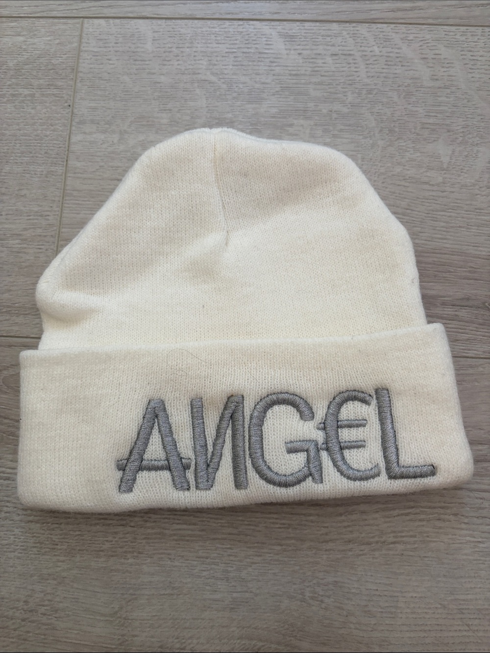Kendall & Kylie Cream Beanie with Gray 'ANGEL' Embroidery